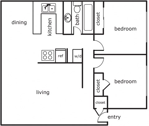 Floor plan for 2 beds, 1 bath, 1104 sqft
